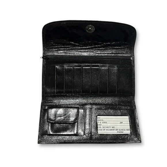 Mexican Embossed Leather Wallet Shiny Black Checkbook Flowers Handmade New - Picture 5 of 8